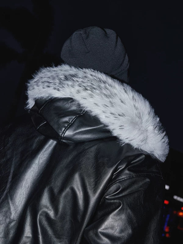 Retro huva läderjacka med pälskrage 