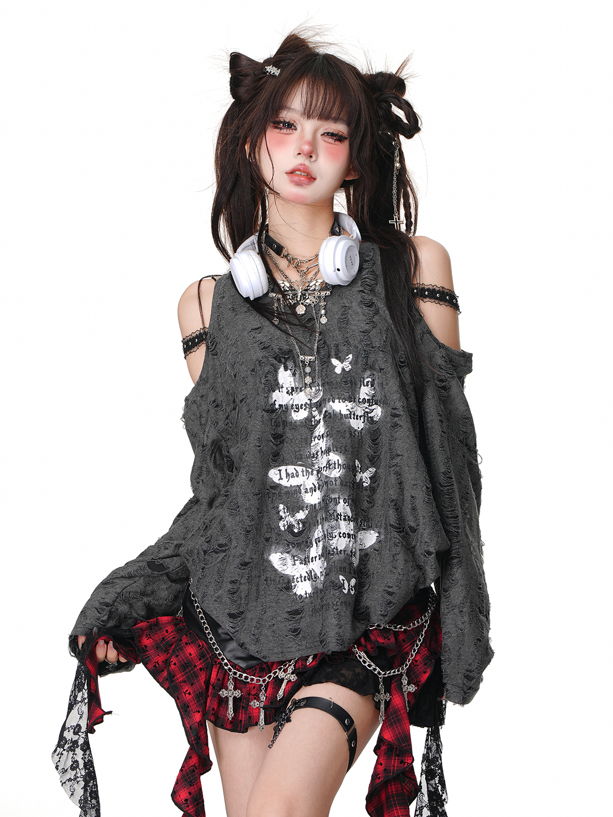 ディストレストオフショルダー ニットセータートップ 