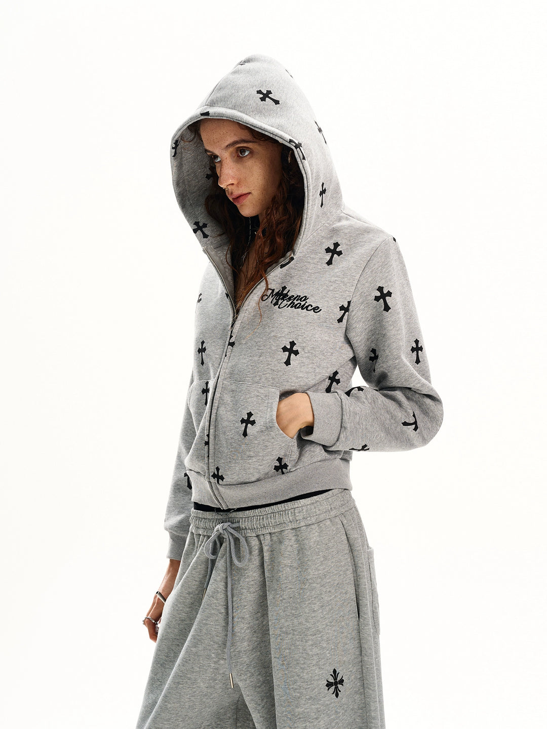 Gothic Cross Print Zip Hoodie
