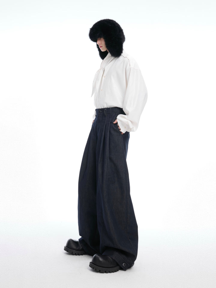 Retro Wide-Leg Denim Pleated Pants