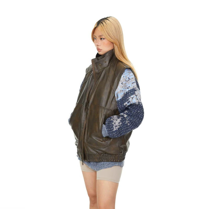 Studded Leather Stand Collar Vest