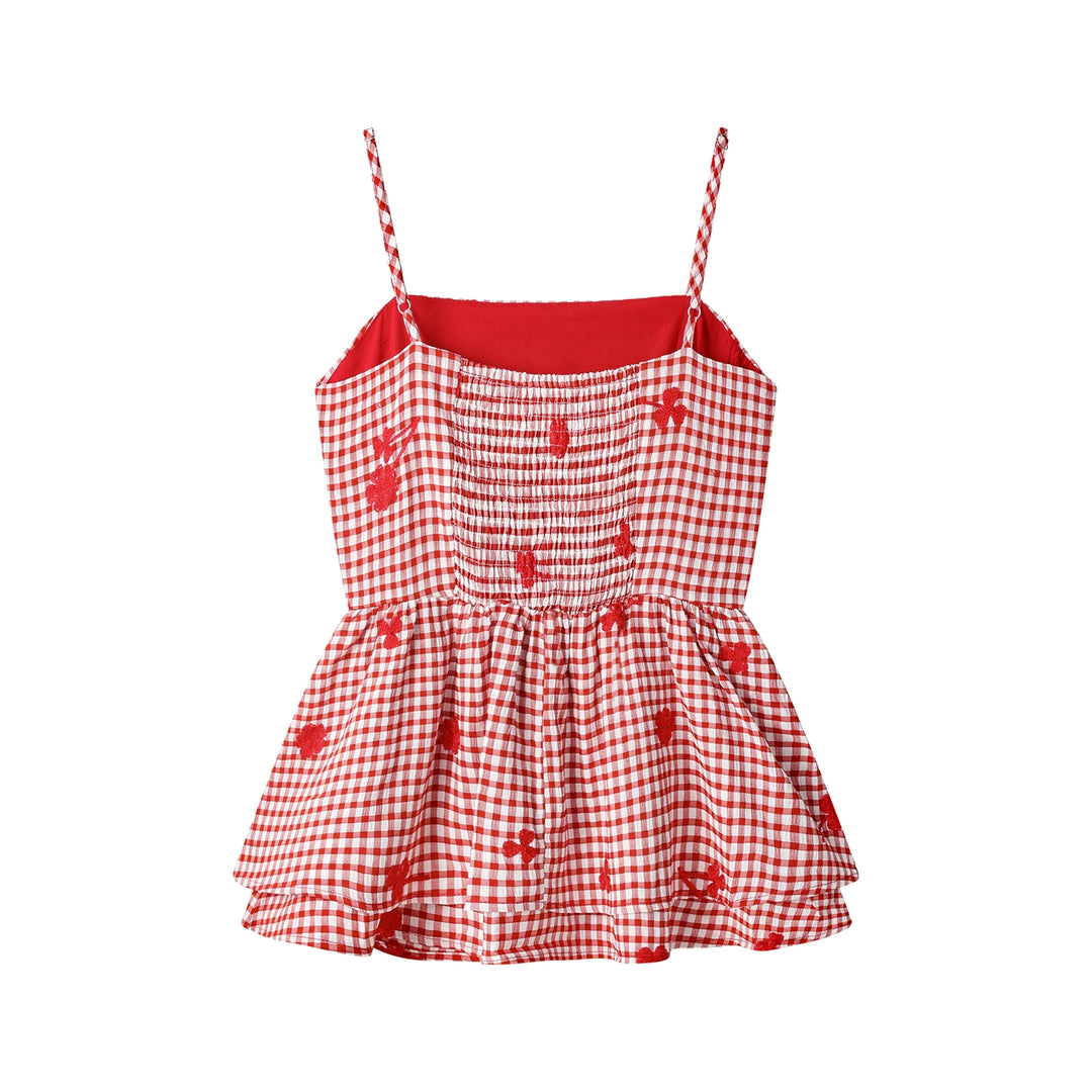 Károvaná plisovaná vyšívaná peplum tílko 