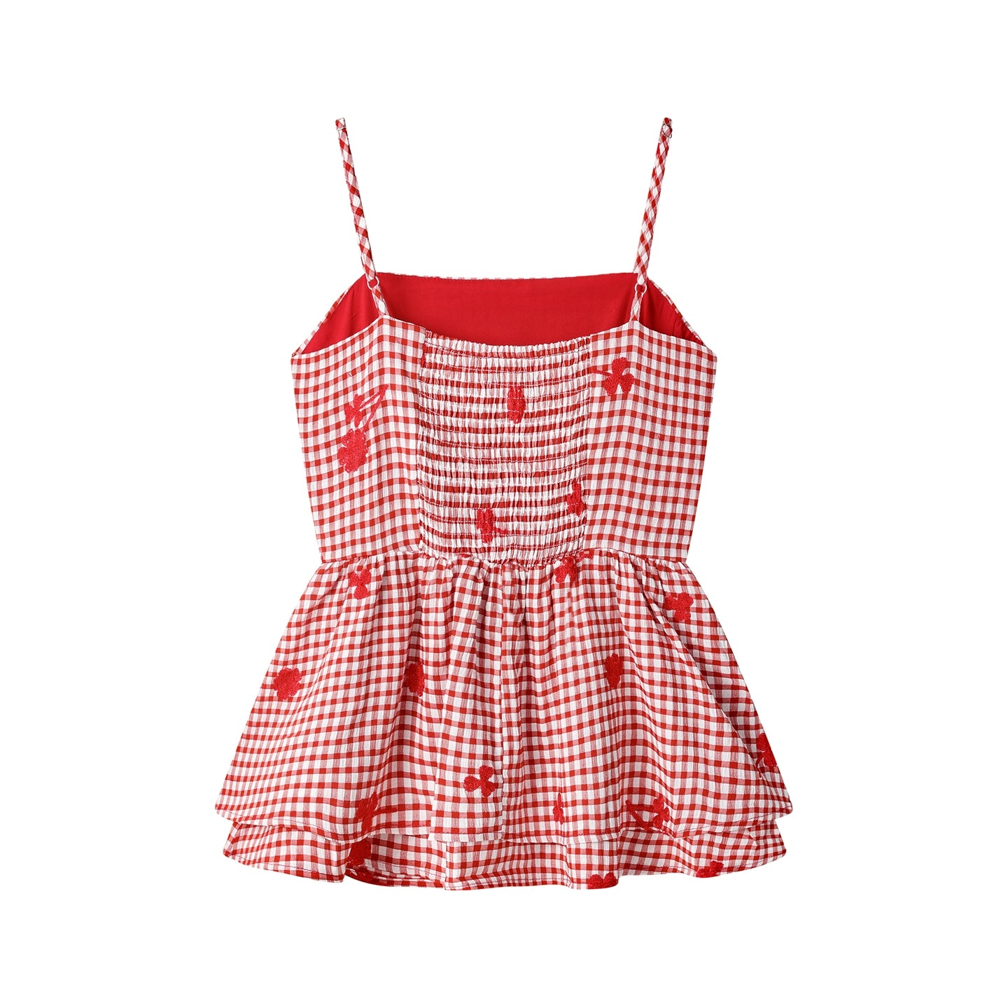 Camisola Peplum Pregueada Bordada de Tecido Xadrez 