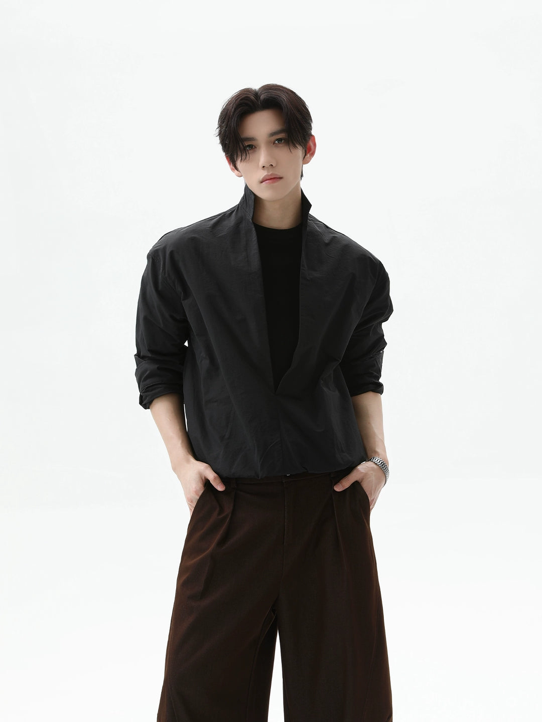 Cotton Deep V Stand Collar Shirt