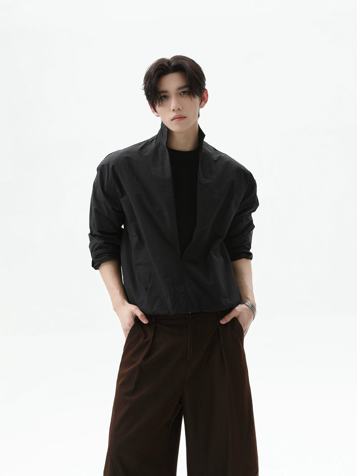 Cotton Deep V Stand Collar Shirt