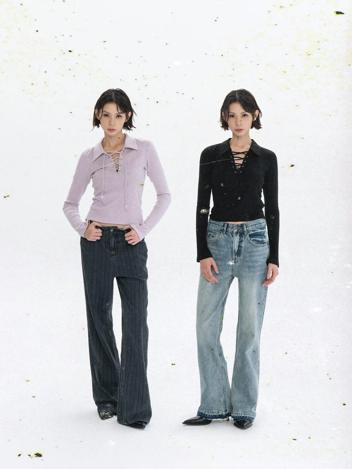 V-Neck Slim Fit Lace-Up Pullover