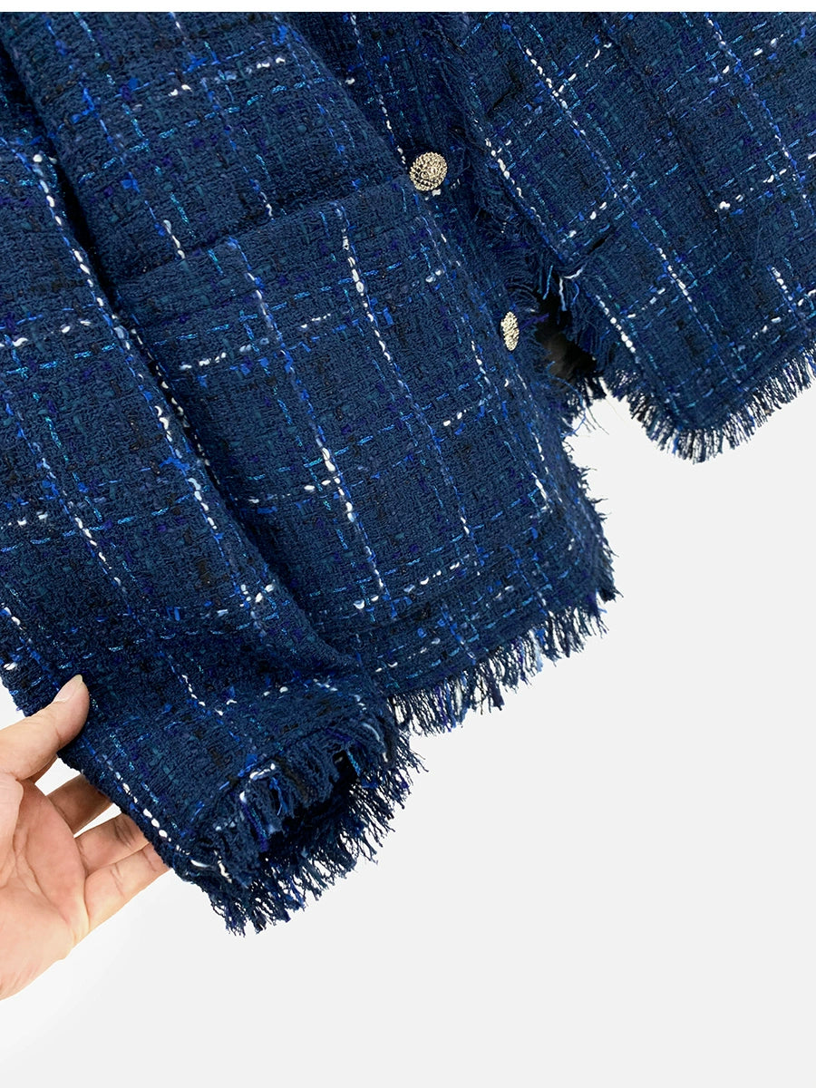 Kariertes Tweed-Jacke mit rohem Rand 
