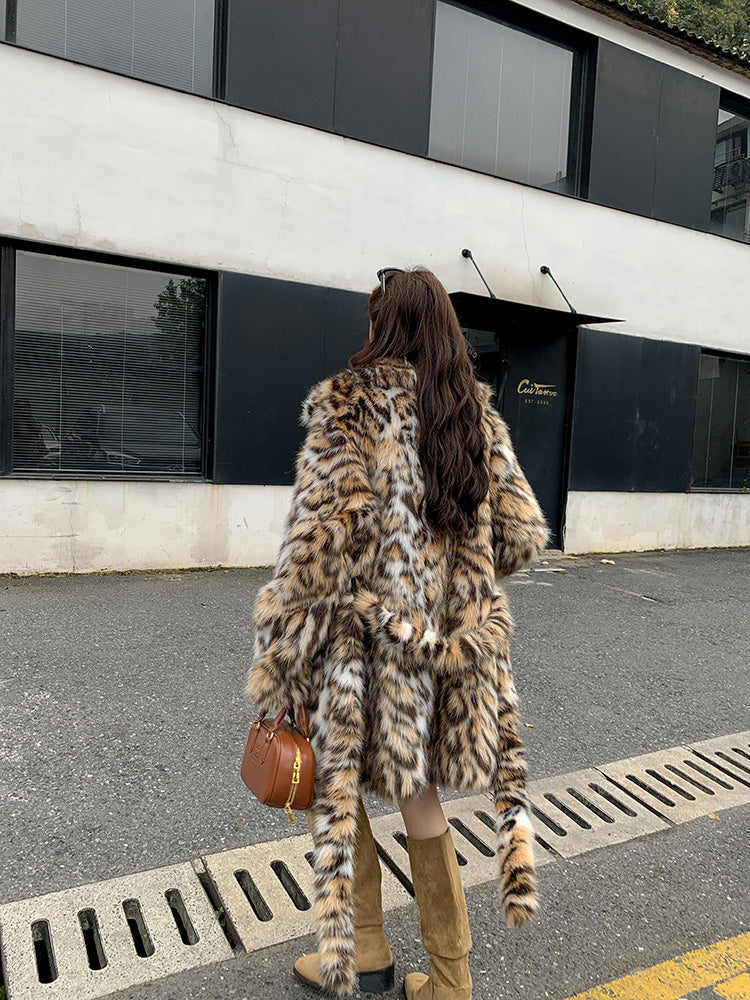 Leopard Print Long Fur Lace-Up Coat