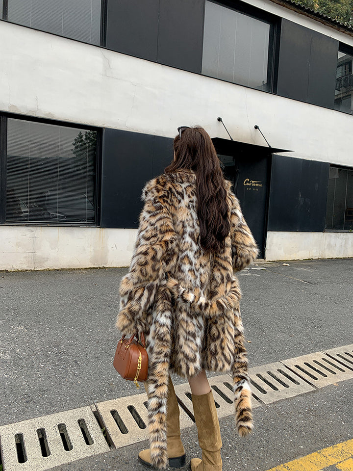 Leopard Print Long Fur Lace-Up Coat