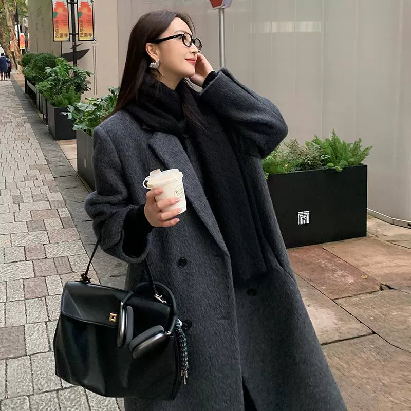 Long Wool Tweed Straight Shoulder Coat