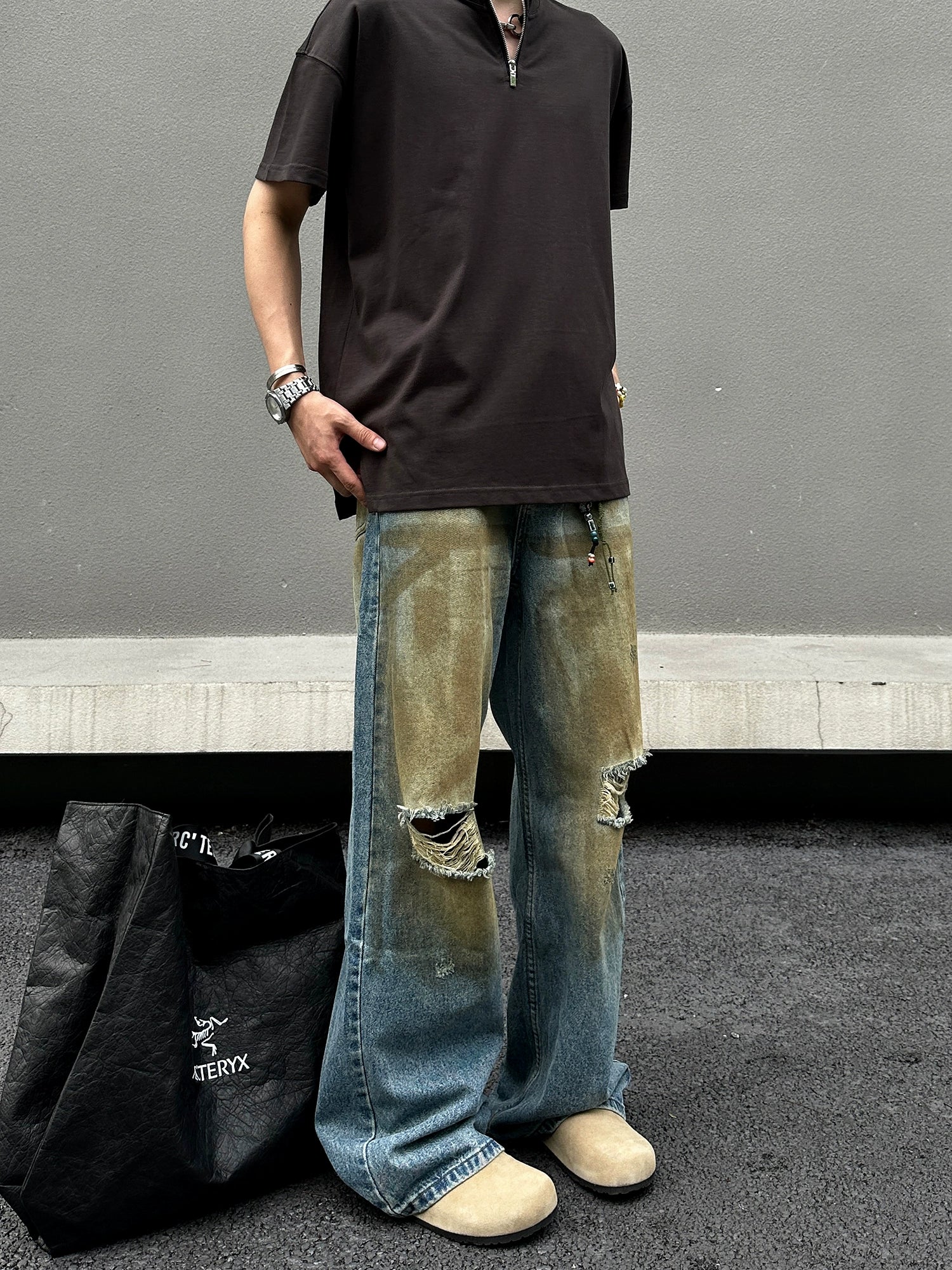 جينز بانتس ممزق فضفاض بتصميم مغسول 