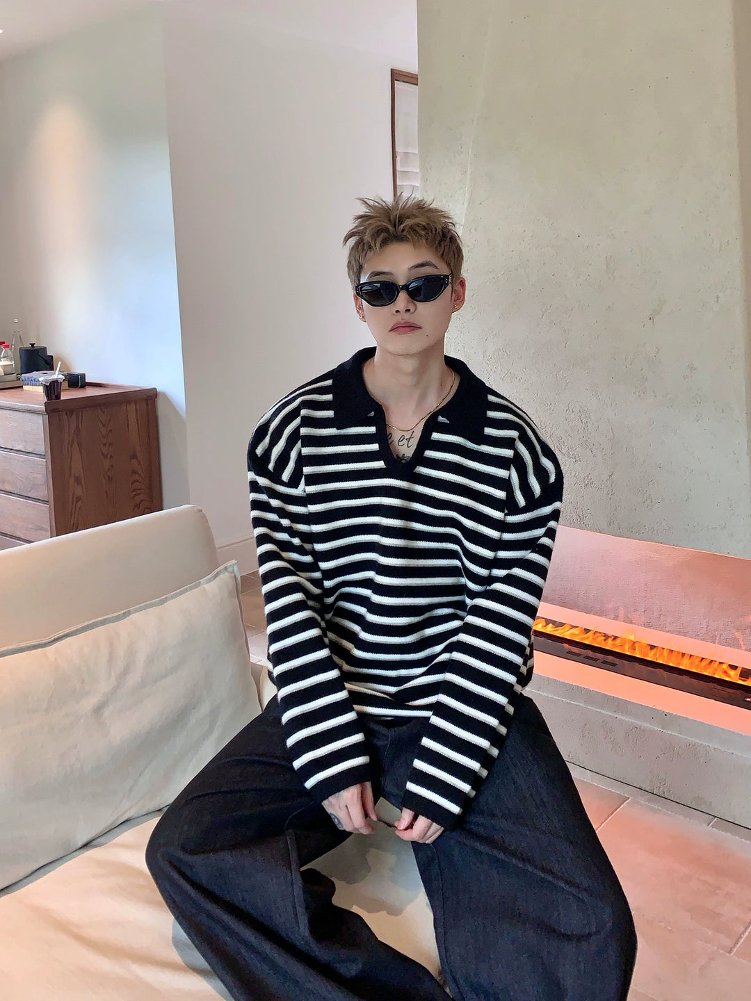 Striped Knit U-Neck Pullover