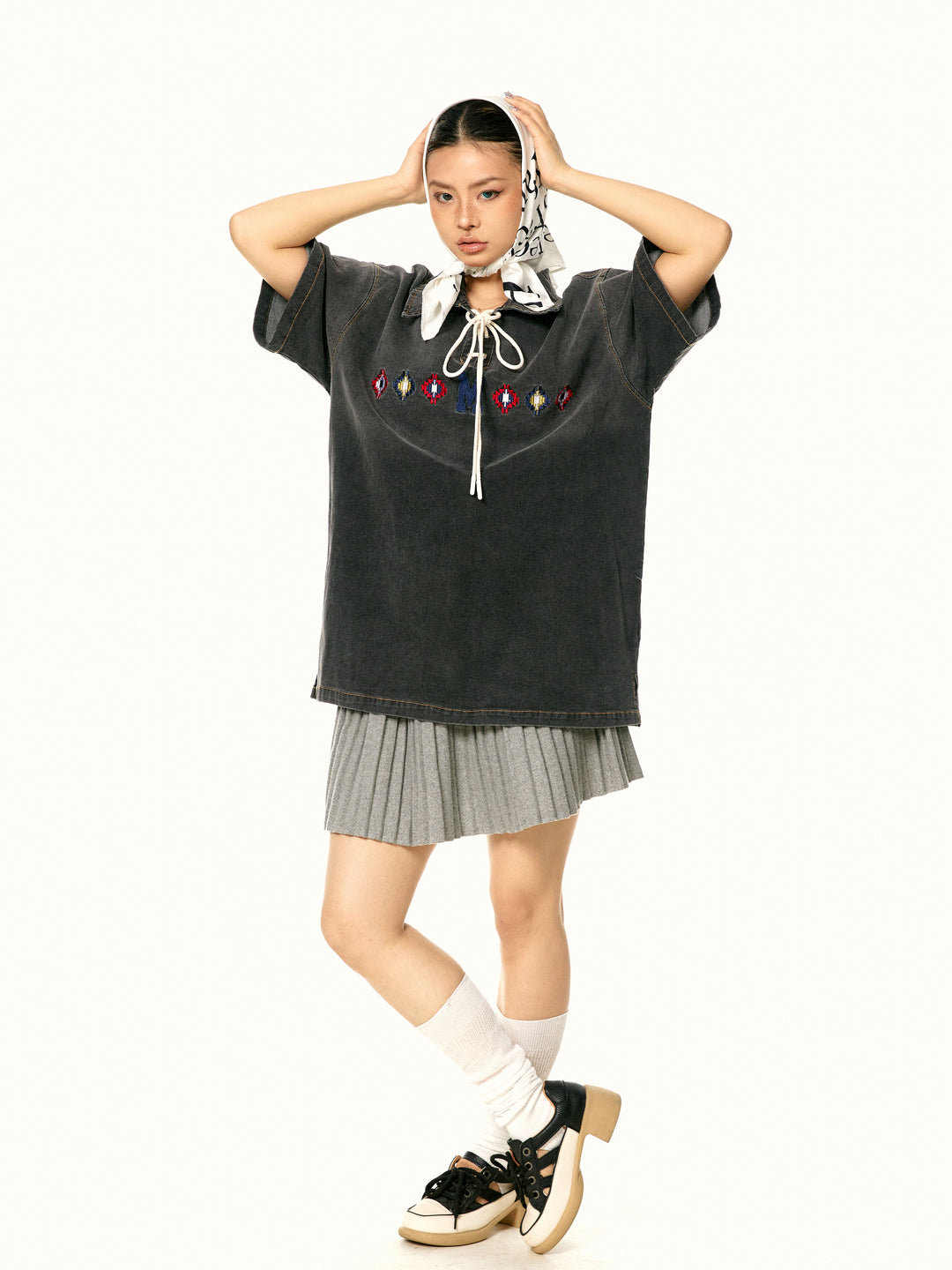 Lace-Up Embroidered Denim Top