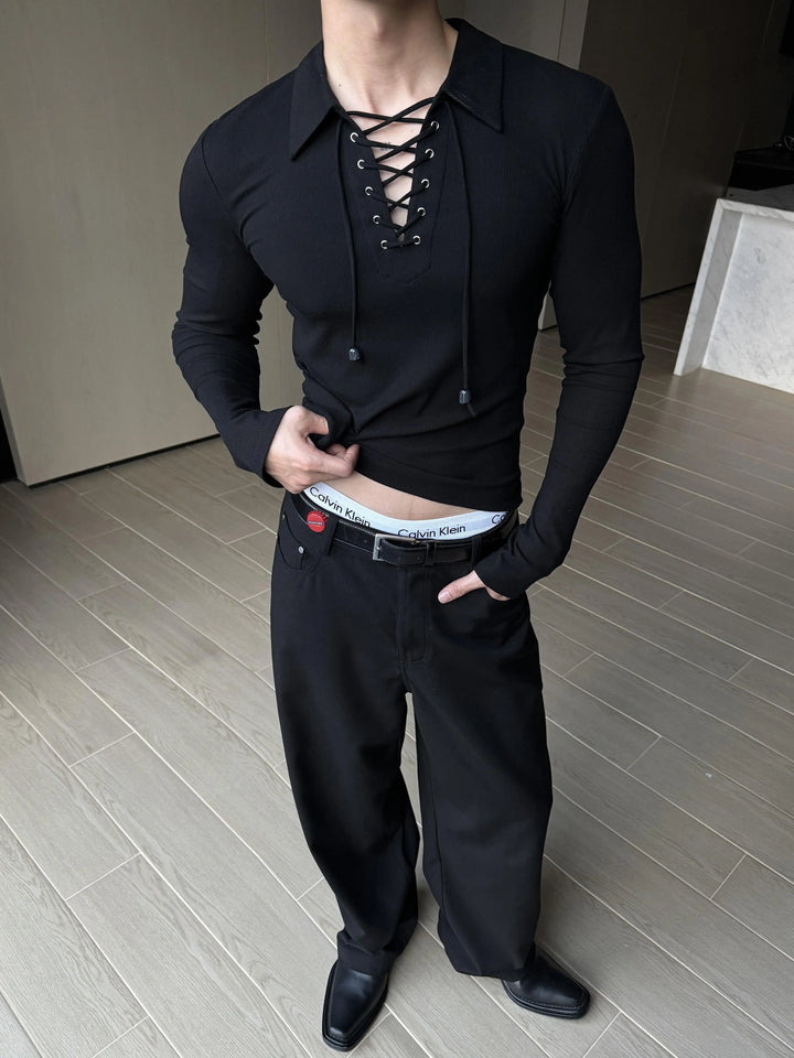 V-Neck Slim Fit Lace-Up Pullover