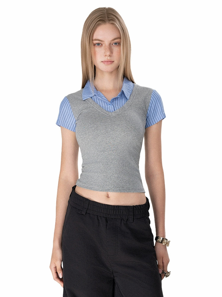 Layered College Style Short Sleeve Turtleneck