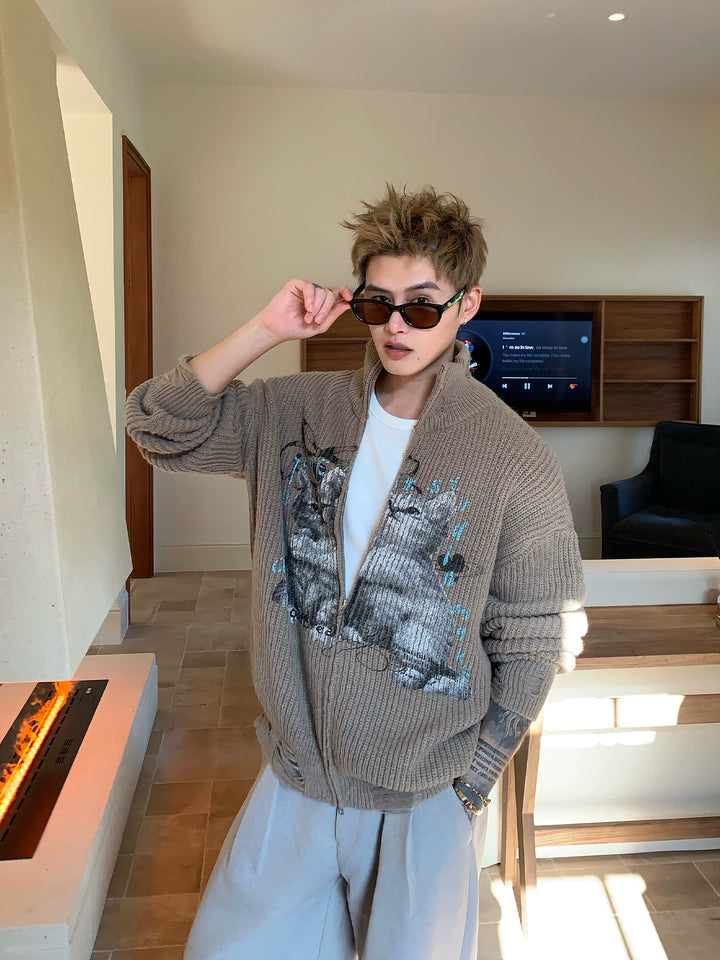 Cat Print Stand Collar Knit Sweater