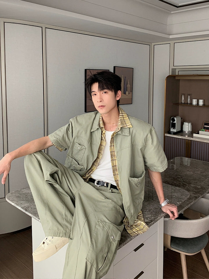 Cotton Denim Short Sleeve Cargo Suit