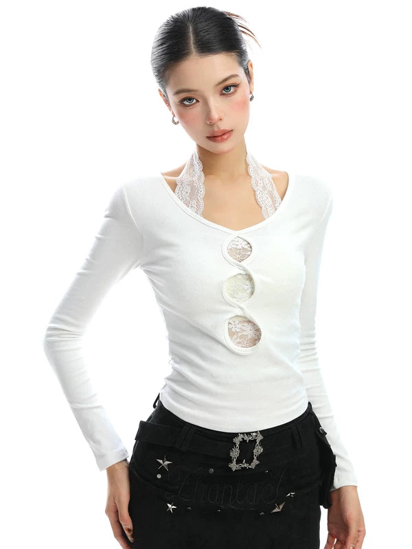 Top lungo a maniche lunghe con scollatura a halter in pizzo 