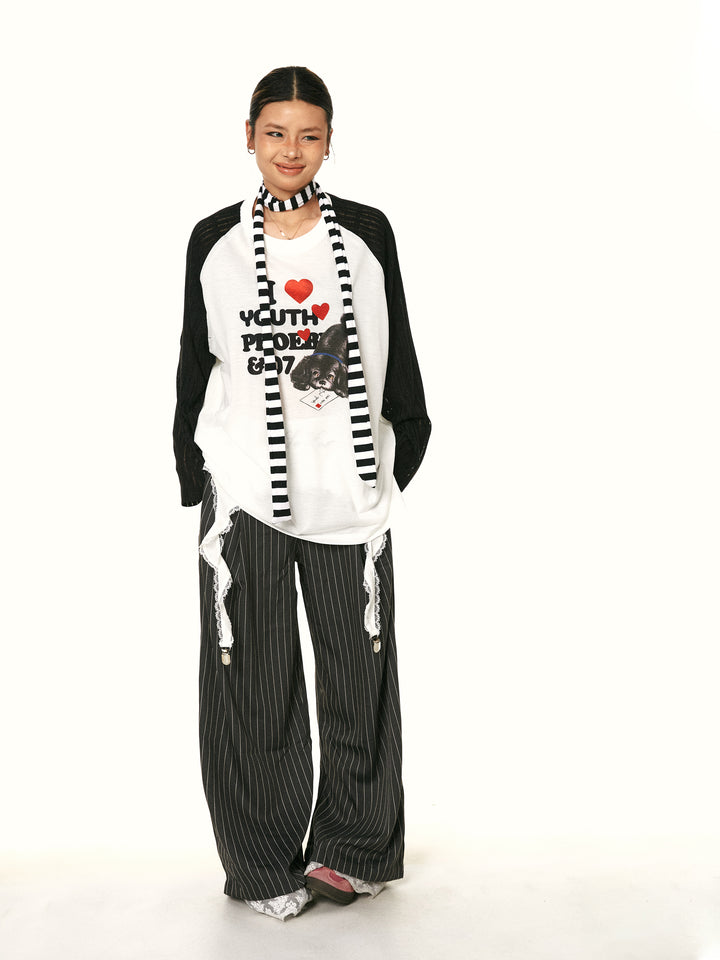 Contrast Stitching Long-Sleeve Top