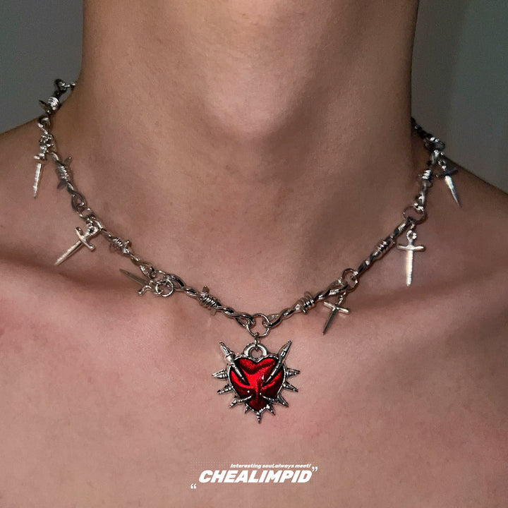 Heart Pendant Punk Cross Clavicle Necklace