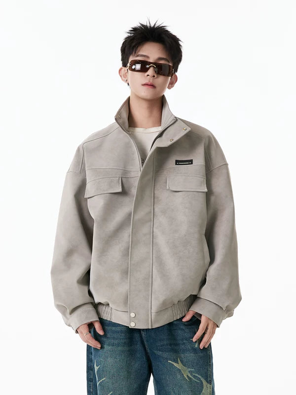 Jaqueta de Couro PU Retro com Gola Stand 