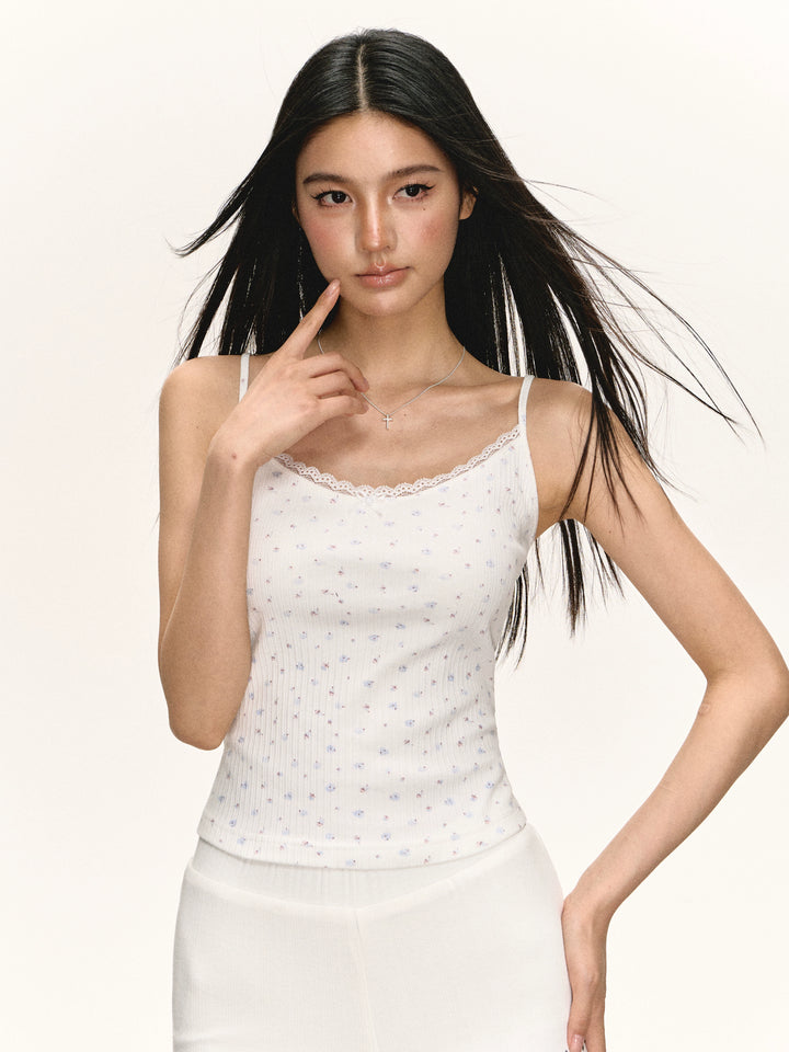 Ribbed Floral Lace Trim Tank Top