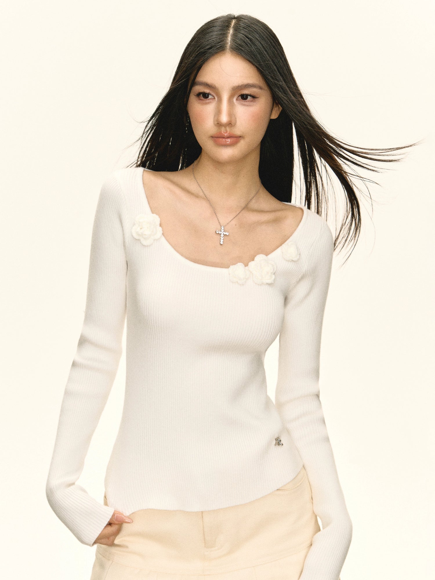 Ribbed Knit Floral Accent Sweater