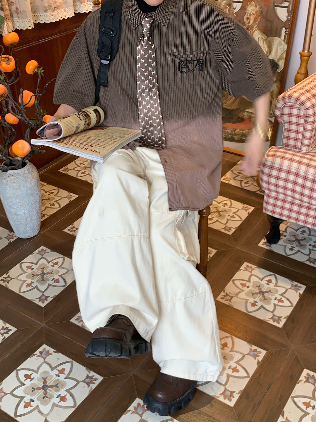 Dark BrownStriped Short-Sleeved Shirt
