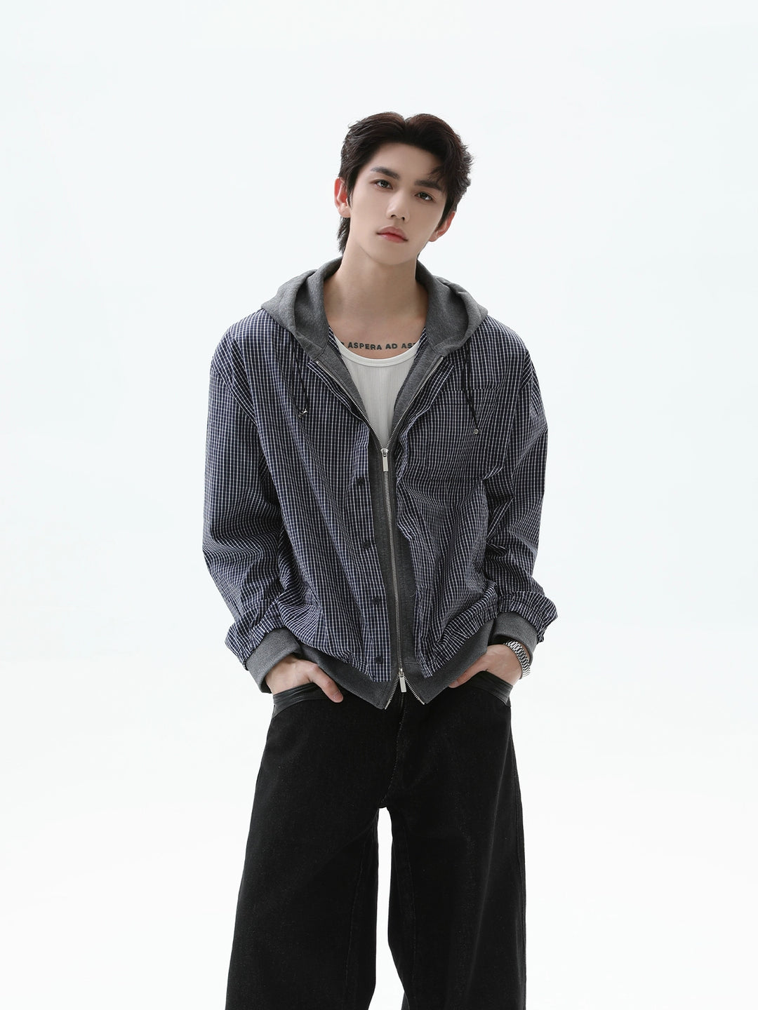 Plaid Zip Up Hooded Cardigan