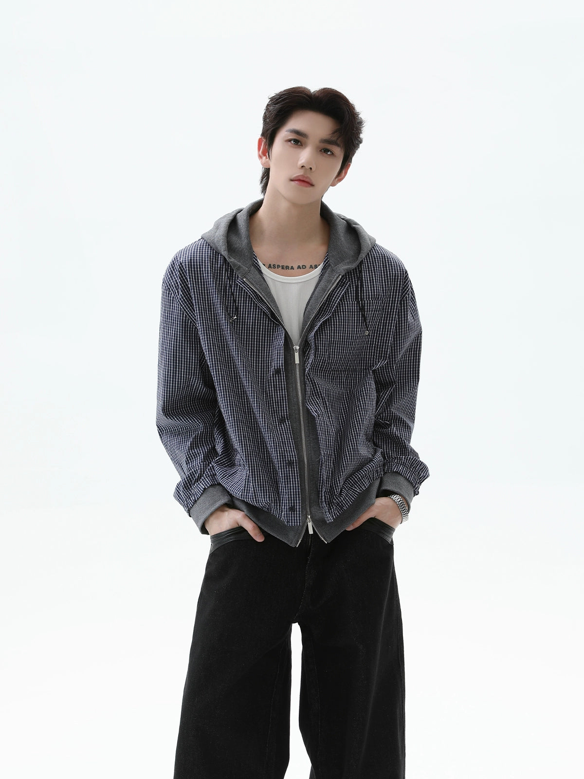 Kareli Fermuarlı Kapüşonlu Hırka Gömlek 