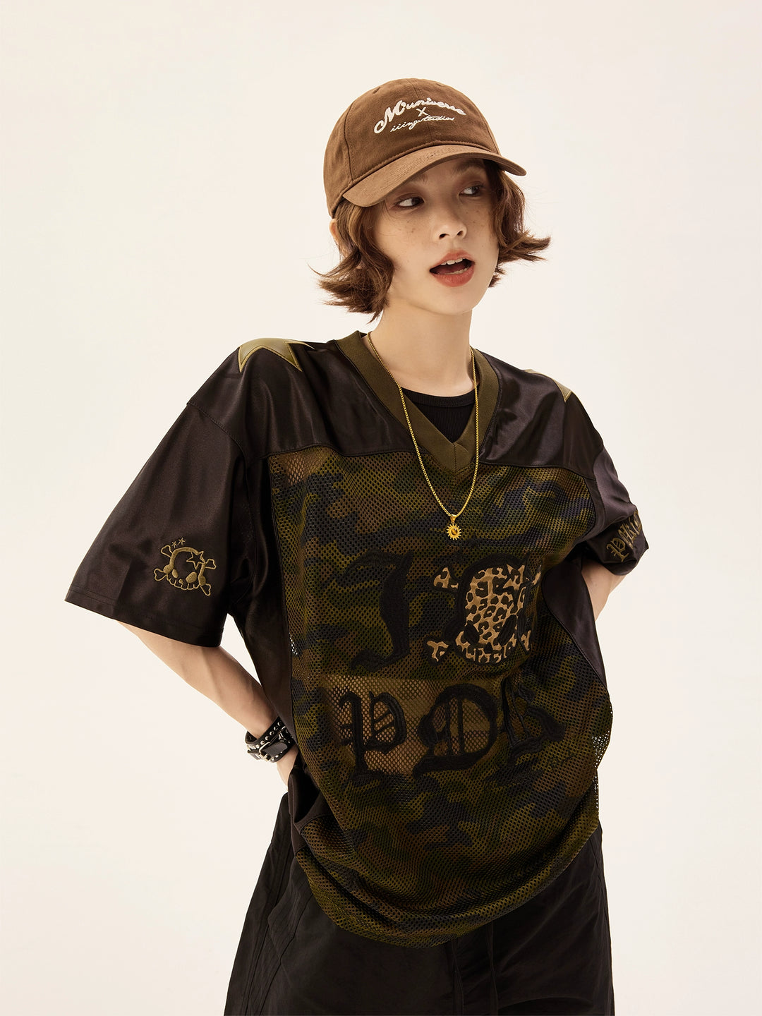 Retro Mesh V-Neck Leopard Skull Jersey T-Shirt