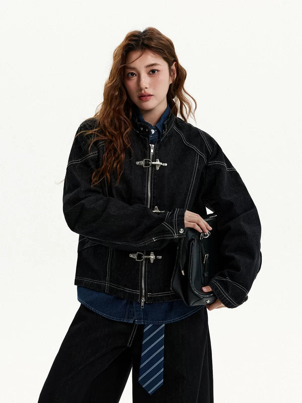 Giacca in denim con chiusura a fibbia anteriore retro 