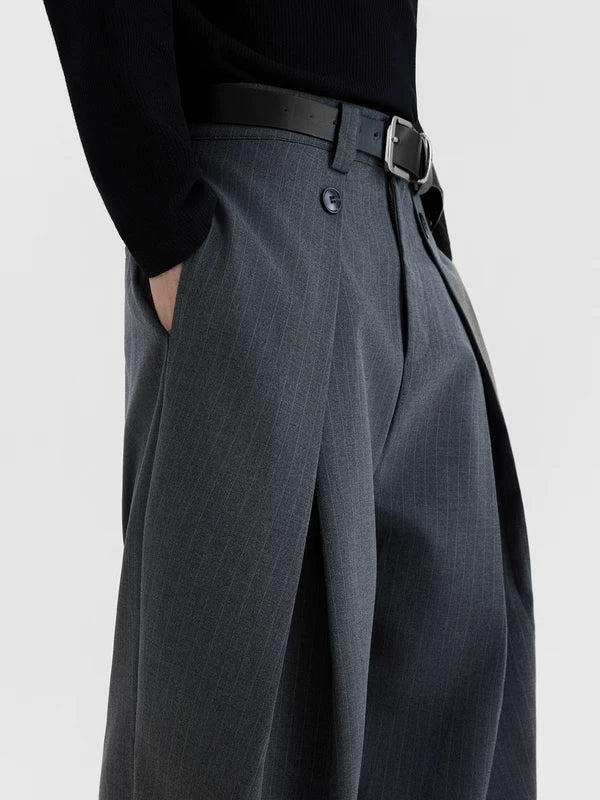 ワイドレッグプリーツストライプカジュアルパンツ 