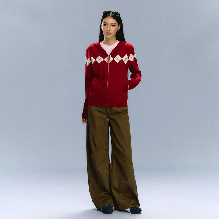 Argyle Zip Up Knit Hooded Sweater