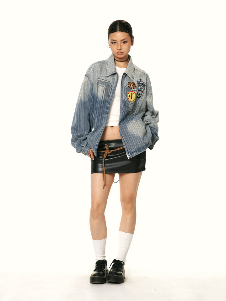 Embroidered Patch Distressed Denim Jacket