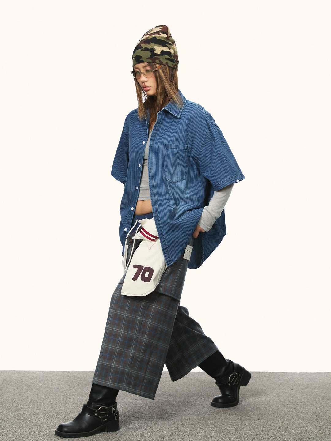 Retro Vertical Stripe Short Sleeve Denim Shirt