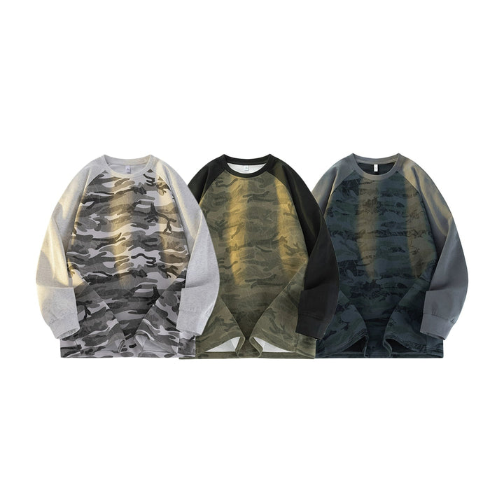 Pullover casual con collo a girocollo in patchwork mimetico 