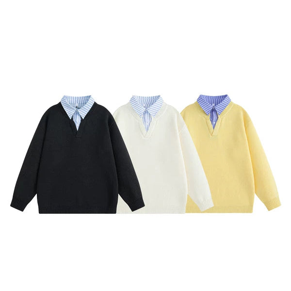 Suéter de cuello de camisa de dos piezas falso 