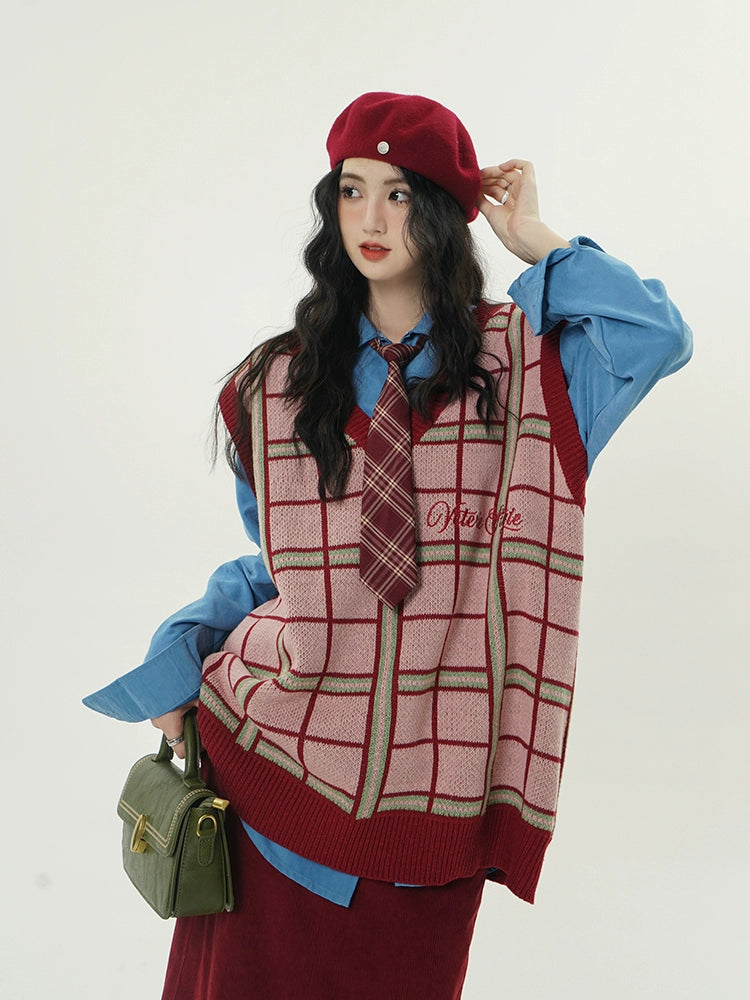 Gilet in maglia retro a V in plaid 