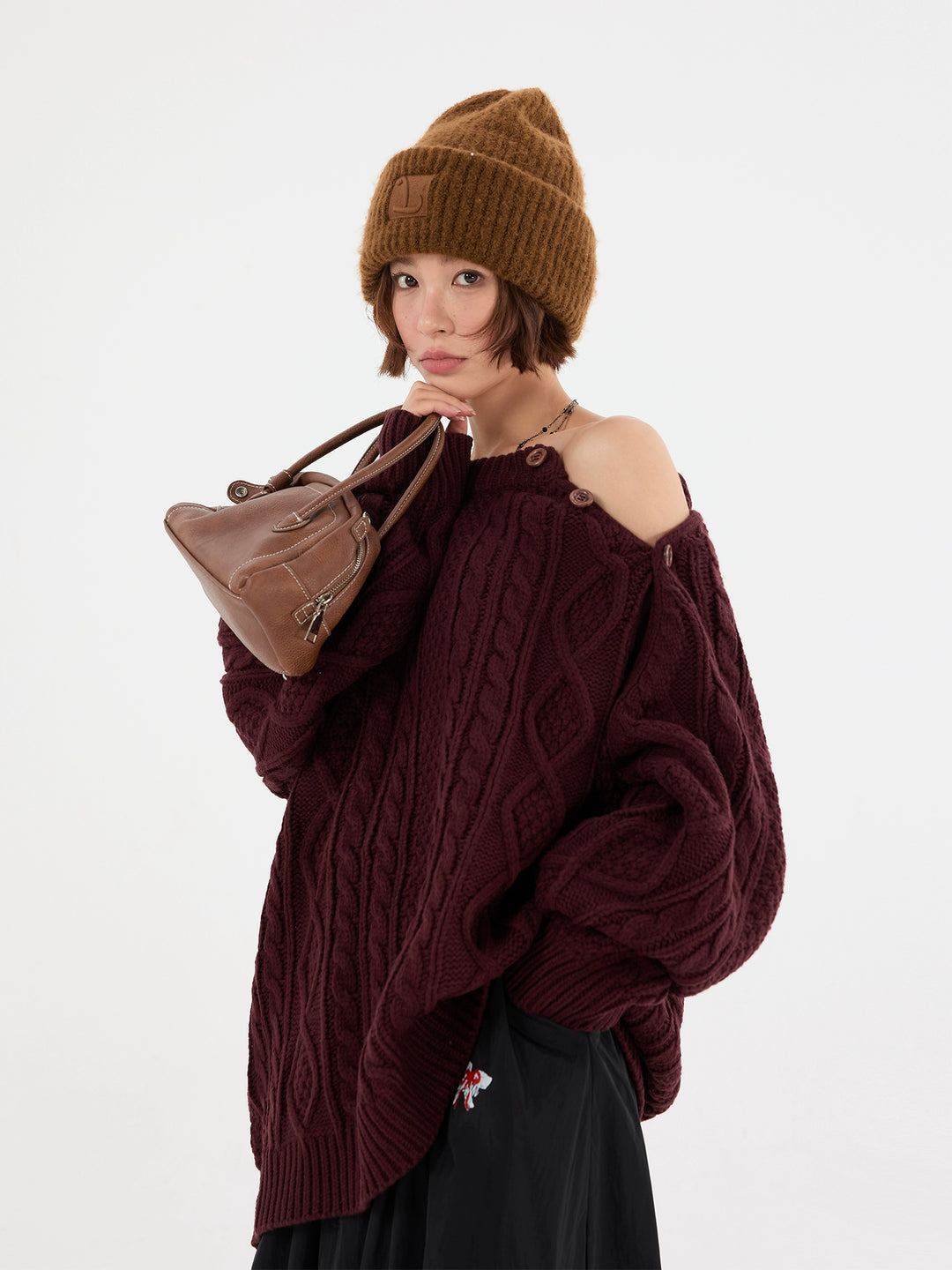 Knappar Kabelstickad Off-Shoulder Tröja 