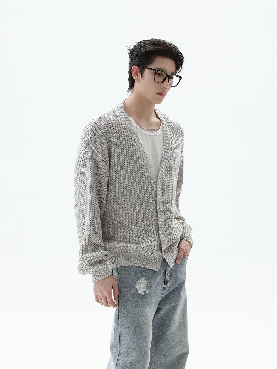 Textured Wool Knit V-Neck Cardigan