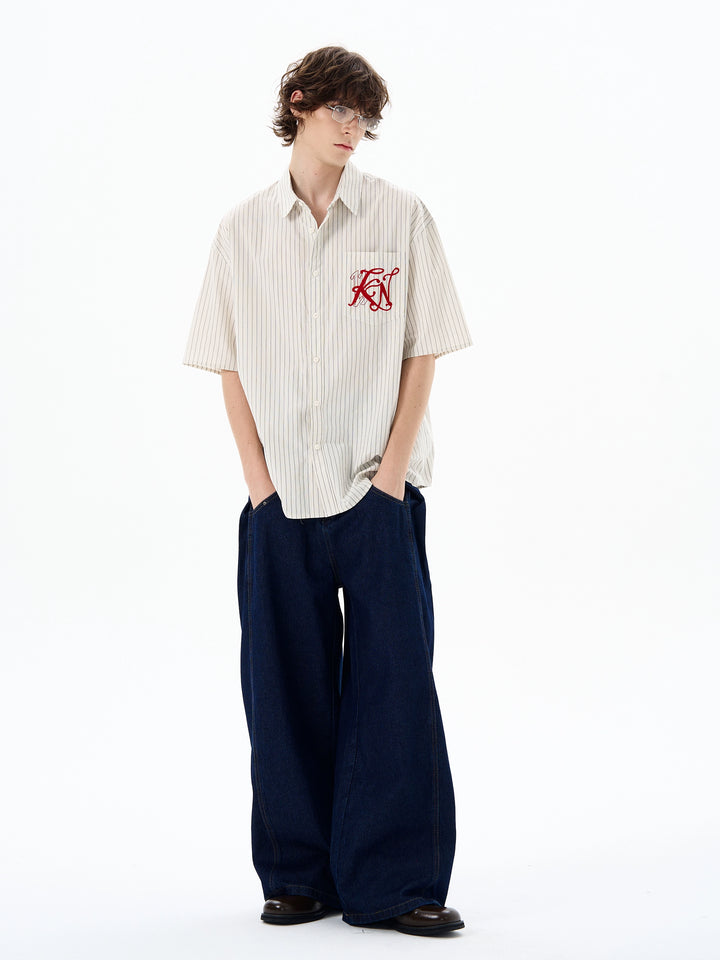Striped Short Sleeve Embroidered Shirt