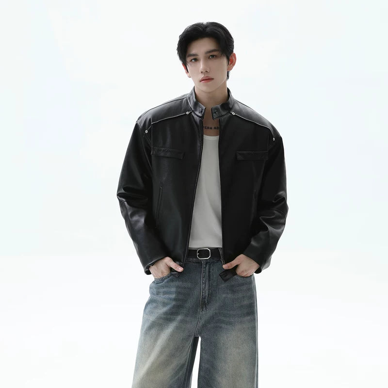 Down Filled Stand Collar Leather Jacket