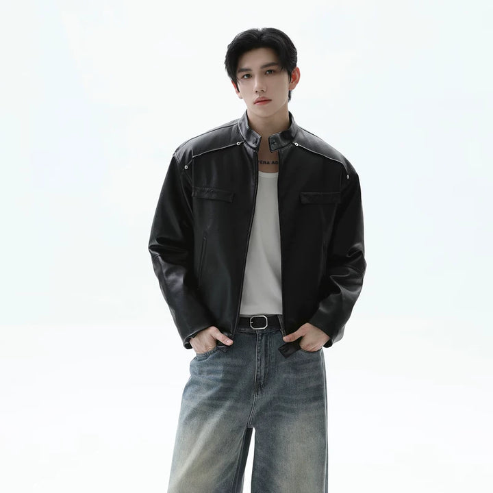 Down Filled Stand Collar Leather Jacket