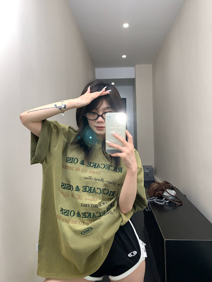 Letter Embroidery Oversized Washed T-shirt