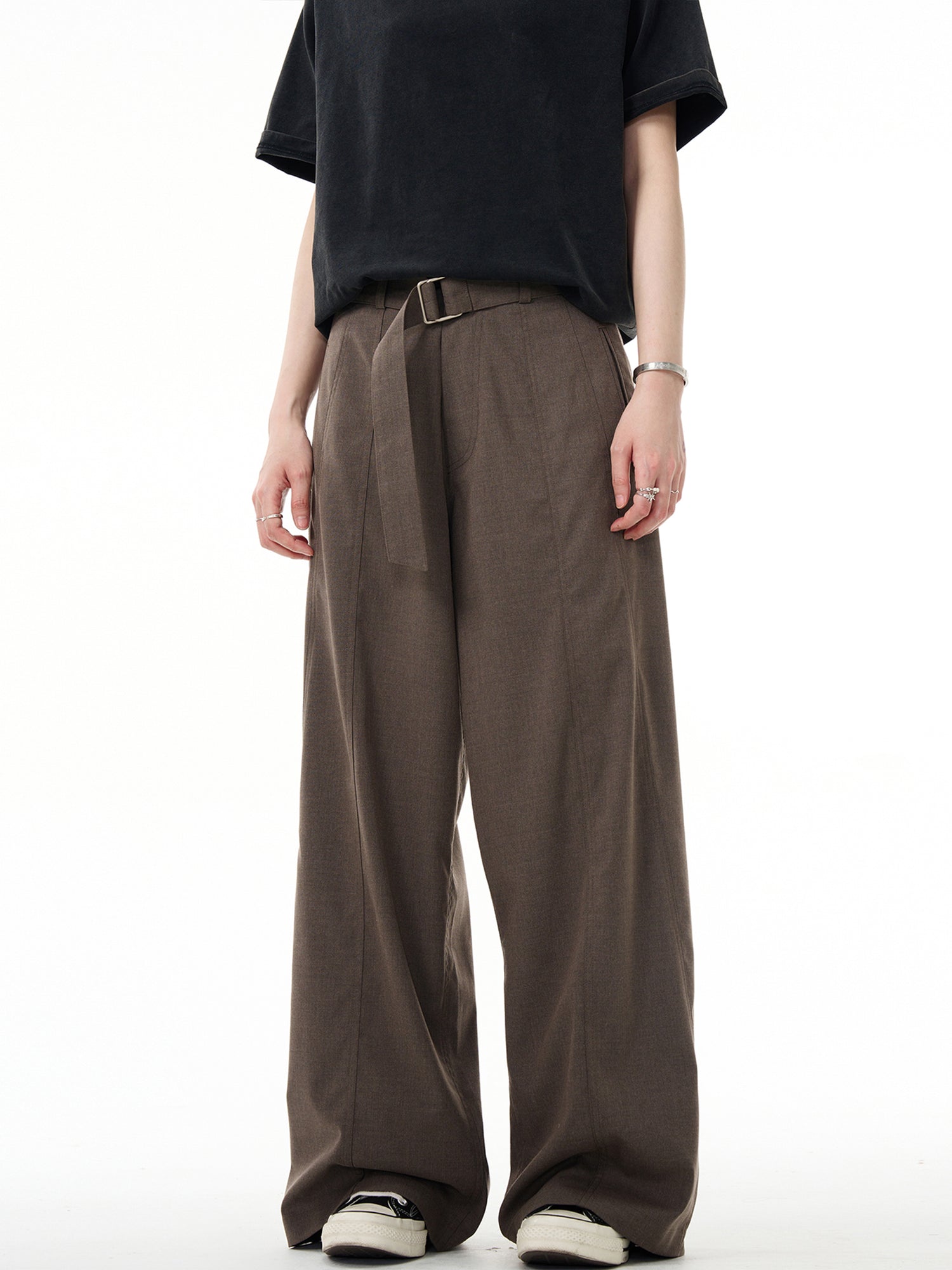Wide-Leg Split Belt Casual Pants