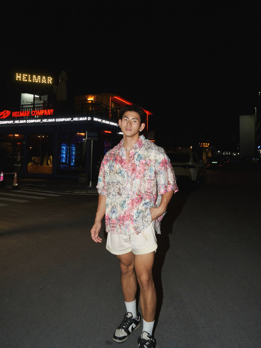 Texturierte florale Kurzarm-Casual-Hemd 
