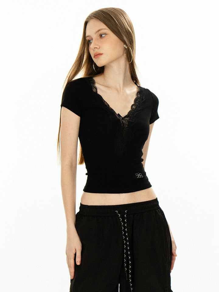 V-neck Lace Trim Embroidered Short Sleeve Top