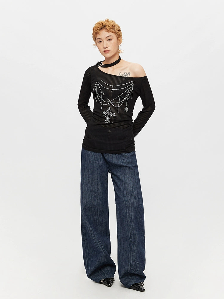 Off-Shoulder Sheer Long Sleeve Top