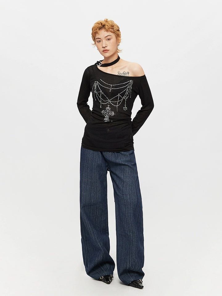 Off-Shoulder Sheer Long Sleeve Top